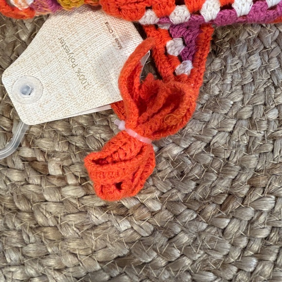 Pink Linen | Multicolor Square Pattern Orange Crochet Bandana - Picture 5 of 6